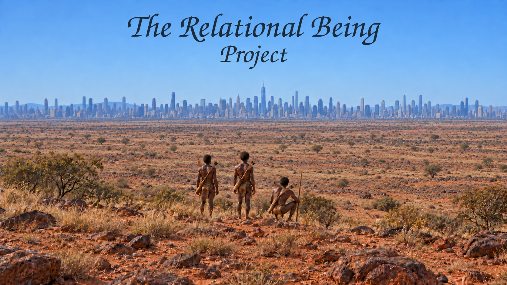 Three Kalahari San hunter-gatherers observe a vast, unfamiliar city across the landscape.